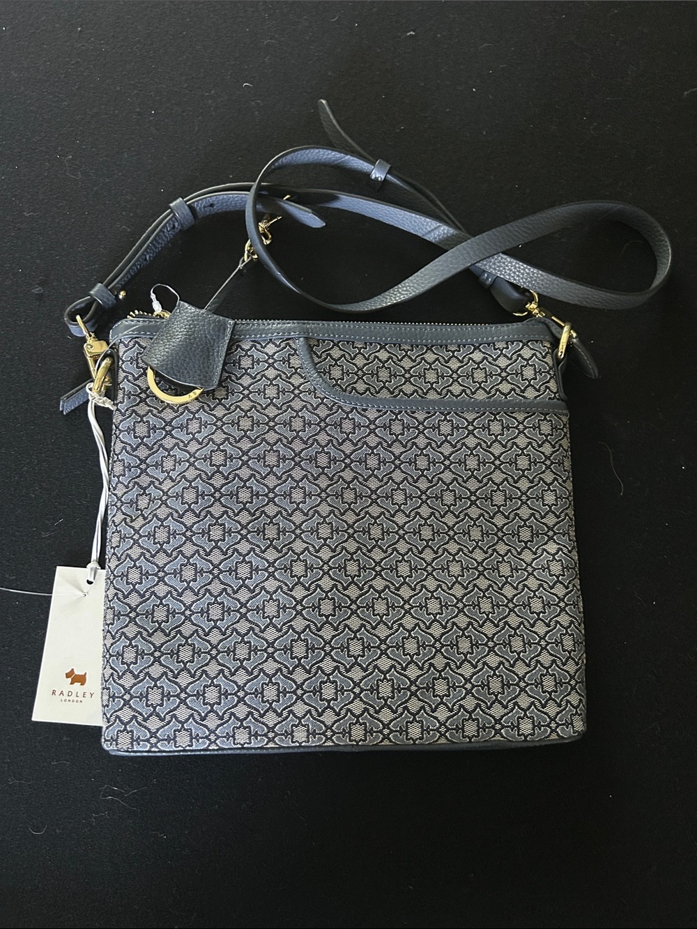 RADLEY LONDON Navy Patterned Crossbody Bag with Gold Hardware NWT $218 retail